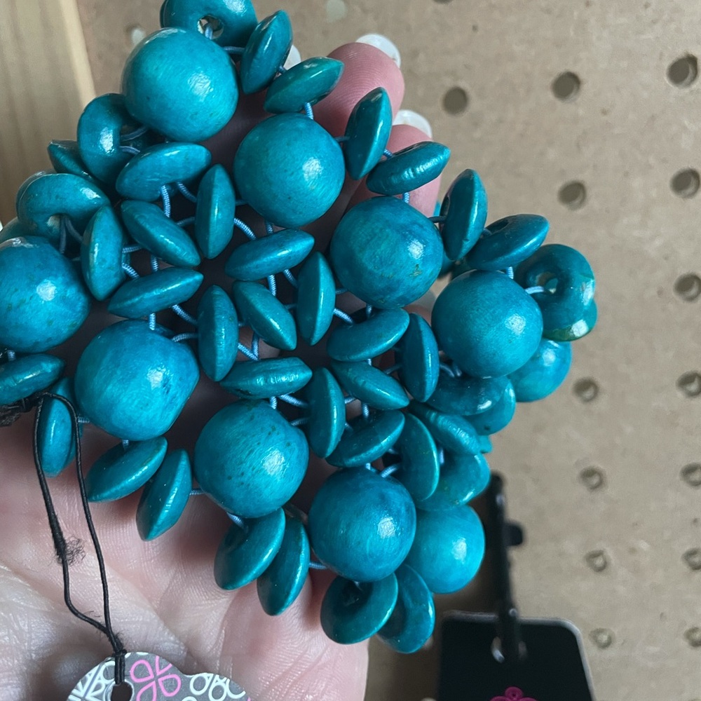 Extra wide turquoise blue green stretchy bracelet with wooden beads.